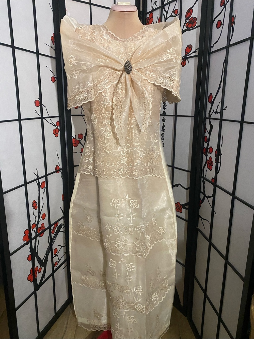 Elegant Piña Organza Bouillon Filipiniana Gown with Puff Sleeves and Alampay